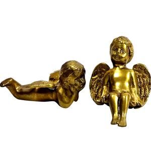 Heavy Brass Pair of Cherubs-Adorable Shelf Sitter and Reclining Styles!